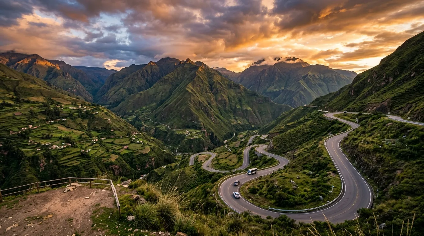Una carretera que bordea majestuosas cumbres andinas cubiertas de nieve en un paso elevado