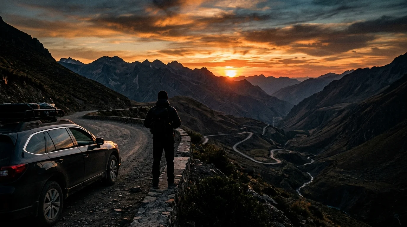 Viajero contemplando la carretera en un atardecer andino