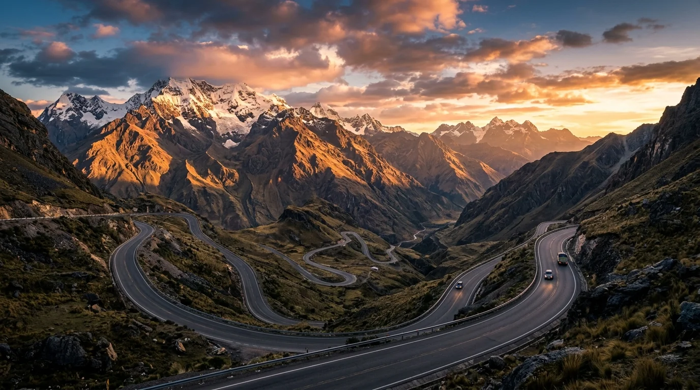 Paisaje montañoso con carretera al atardecer