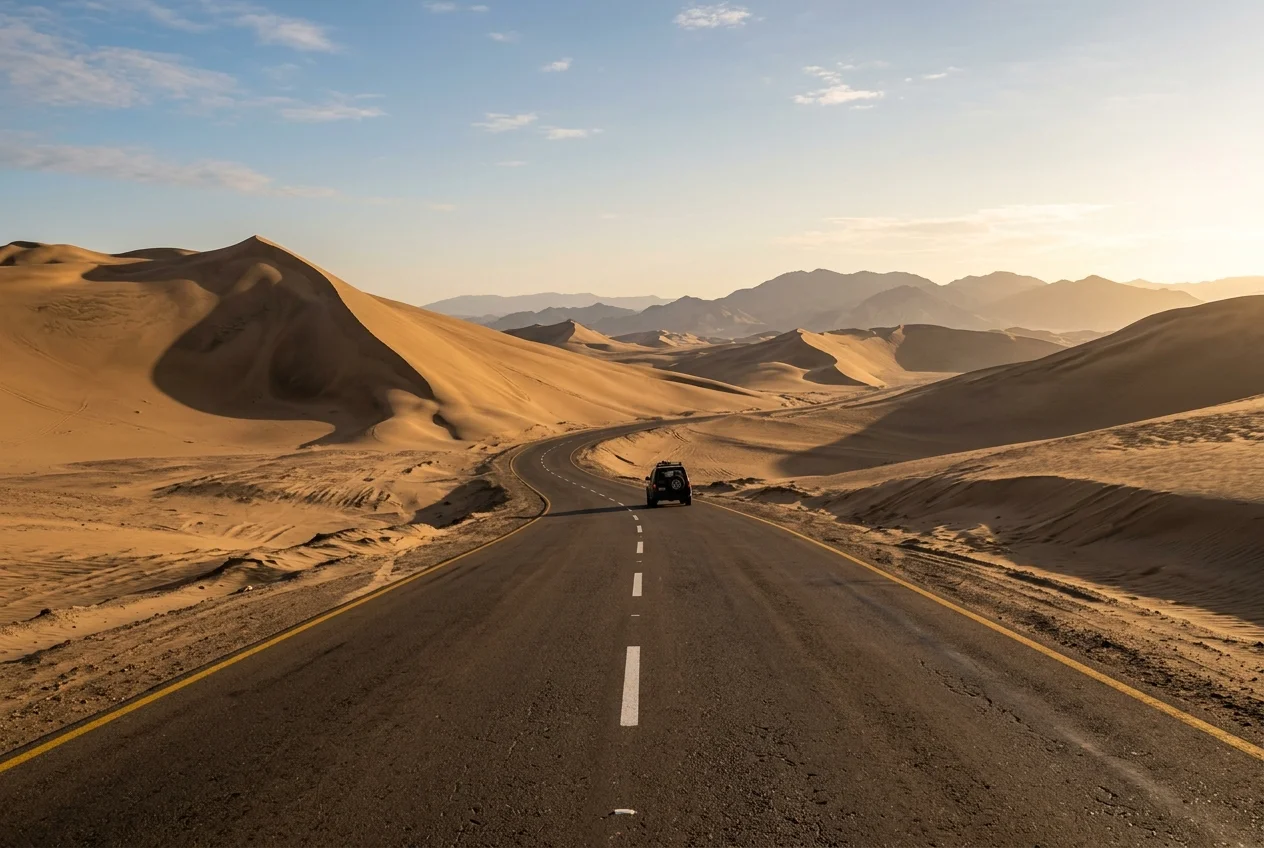Vehículo todoterreno cruzando un tramo de carretera cubierto de lodo y agua