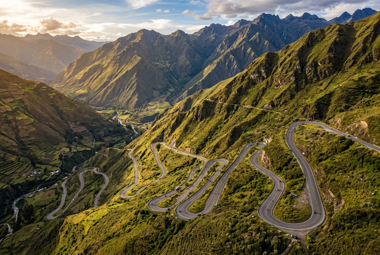 Vista sinuosa de una carretera descendiendo por laderas andinas secas